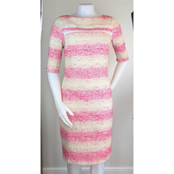 Teri Jon Rickie Freeman Sheath Dress Size 10 Pink Beige Textured Striped Coastal - Picture 2 of 11